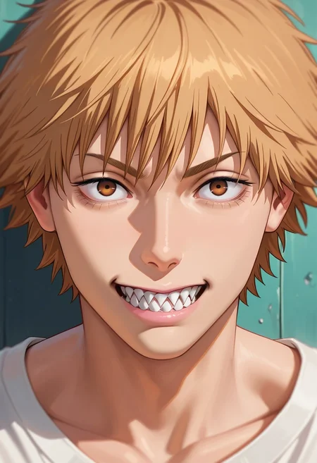 masterpiece, best quality, , (photorealistic:0.6), , 1boy, solo, male focus, <lora:denji_chainsaw_man_ilxl:0.96>, denji_chainsaw_man, blonde hair, brown eyes, short hair, bangs, sharp teeth, , ,