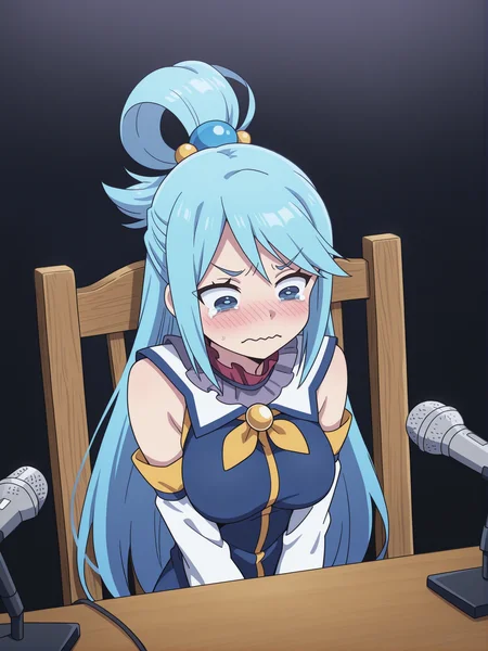 Smooth Quality - Illustrious,
anime, illustration,
<lora:pressconference_Illust_v1:0.9> press conference, multiple microphones, surrounded,
<lora:meme_aquacrying_illustriousXL:0.9> aquacrying, wavy mouth, closed mouth, tearing up,
<lora:Aqua_Illustrious by Cyql:0.6> AquaCYQL, long hair, blue hair, very long hair, hair rings, hair ornament, blue eyes, shirt, blue shirt, detached sleeves, bare shoulders, (mature female:0.8), medium breasts,
1girl, solo, skinny,
<lora:Fixhands_anime_bdsqlsz_V1:1> sitting, hands between legs,
portrait, close-up, front view,
white background, simple background, simple chair, simple table, wooden chair,
<lora:NSFWFilter_illusXL_Incrs_v1:-0.7>