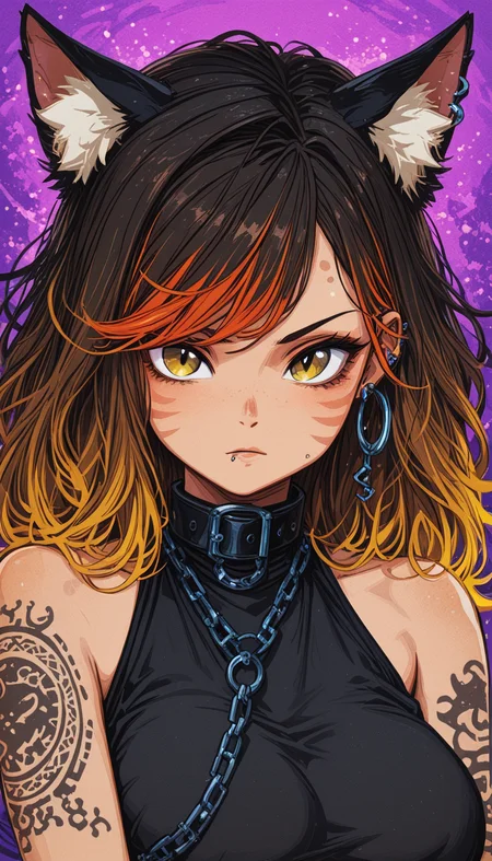 Shinkaistyle, masterpiece,
decarloxl, retro colors, 60s, retro, comic, fantasy,
jedopil, oil painting,
perfect eyes, vivid colors, vibrant colors, (lineless:1.5), smooth edges, eyes hidden by hair, extra long bang over the eyes, eyes hidden by bang, In the foreground of the image, there's a character with striking features: short black hair styled in a spiky manner; dark eyes that hold a mysterious intensity; and tattoos visible on the arms, adding to the edgy aesthetic. The character is wearing a black tank top adorned with yellow text, a style that suggests a rebellious or punk influence. The character's attire is complemented by a large cat ears headband, lending an element of whimsy to their otherwise tough look. A tattoo is also visible on the chin area. The individual is accessorized with multiple piercings and a black choker, which is common in many subcultures, particularly in the gothic or emo scenes. The character's pose is relaxed yet confident, with one hand resting on their hip and the other hanging loosely by their side. The background of the image is a gradient of dark to lighter colors, giving depth and contrast. It appears to be a stylized indoor setting with vibrant neon lights that add a contemporary feel to the scene. The overall impression is one of urban edginess with a touch of modern, youthful energy., 1girl, solo, long hair, breasts, looking at viewer, short hair, bangs, blonde hair, brown hair, shirt, black hair, animal ears, bare shoulders, brown eyes, jewelry, medium breasts, closed mouth, yellow eyes, upper body, red hair, multicolored hair, earrings, parted lips, sleeveless, belt, cat ears, medium hair, necklace, orange hair, blurry, collar, two-tone hair, sketch, streaked hair, v-shaped eyebrows, animal ear fluff, black shirt, sleeveless shirt, tattoo, blurry background, swept bangs, chain, facial mark, piercing, cross, cat girl, slit pupils, ear piercing, portrait, purple background, hoop earrings, black collar, whisker markings, arm tattoo, facepaint, shoulder tattoo, facial tattoo, miqo'te, belt collar, chain necklace, lip piercing