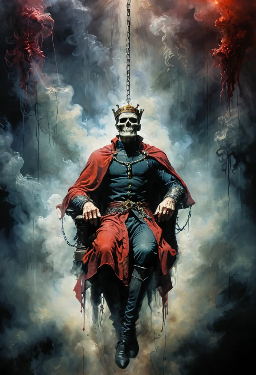 king chained to medium-sized throne sitting in a great hall BREAK Sword of Damocles hanging over the king's head BREAK death hanging by a thread, danger, brilliant colors, unfocused dark smoky background, sheen, chiaroscuro, smoke, blood, <lora:Philippe Druillet Style:1> Philippe Druillet Style, <lora:add-detail-xl:1>, <lora:xl_more_art-full_v1:1>,