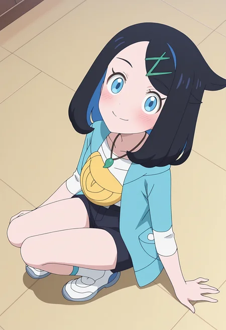 masterpiece, best quality, high resolution, source_anime, highly detailed illustration, detailed eyes, very aesthetic, absurdres, newest, amazing quality,
1girl, solo, anime screencap, anime coloring,
<lora:shiLikoV1ill:1>, shilikodef, bangs, blue eyes, black hair, multicolored hair, eyelashes, cowlick, hairclip, medium hair,
necklace, jewelry, hair ornament, sleeves past elbows, long sleeves,
white shirt, open jacket, blue jacket, open coat, hooded jacket, yellow bag,
blue shorts, black shorts,
shoes, belt, white footwear, white socks,
looking at viewer, smile, blush,