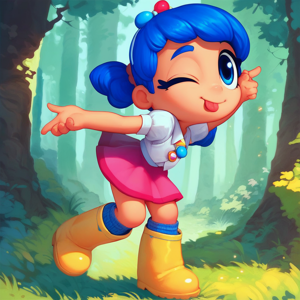 score_8, score_9, solo, true, blue hair, twintails, hair ornament, blue eyes, skirt, boots, one eye closed, tongue out, forest
