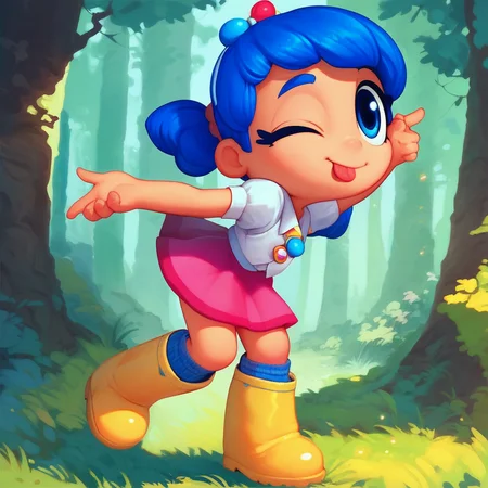 score_8, score_9, solo, true, blue hair, twintails, hair ornament, blue eyes, skirt, boots, one eye closed, tongue out, forest