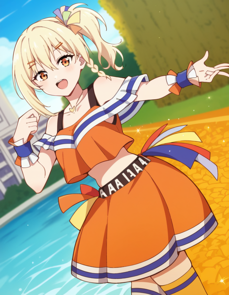 score_9, score_8_up, score_7_up, source_anime, <lora:ai-miyashita-saikou-heart-mv-ponyxl-lora-nochekaiser_r1:1>, ai miyashita, bangs, blonde hair, hair ornament, orange eyes, braid, sidelocks, medium hair, side ponytail, orange eyes, french braid,, skirt, thighhighs, jewelry, collarbone, necklace, off shoulder, tank top, wristband, cheerleader, pom pom (cheerleading), orange skirt, gyaru, heart necklace, aqueduct, water, stone, arches, ancient, , from side, looking at viewer, solo,, dutch angle, cowboy shot
