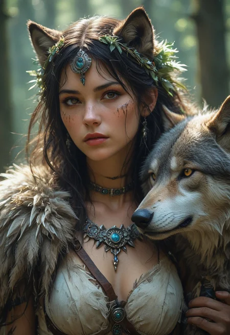 Masterpiece, dgtaaa, the intimate portrait of San, the wolf-raised warrior from *Princess Mononoke*, born of nature’s fury and human conflict, her beauty wild and primal,  
Her short, dark hair framed by her wolf headdress, her fierce brown eyes piercing and unyielding, her body poised with one hand gripping her dagger, the other gently resting on the fur of her companion wolf, her lips curled into a defiant, determined expression,  
Hyper-detailed skin with faint war paint and dirt, cinematic lighting with soft greens and earthy browns, bokeh of a dense, mystical forest shrouded in mist, her pose commanding yet intimate, capturing her connection to the spirits of the wild,