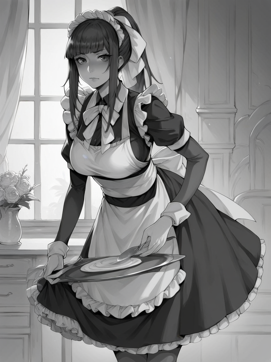 score_9, score_8_up, score_7_up, score_6_up, score_5_up,  <lora:m31d0n0XLP:1> m31d0n0, monochrome, greyscale, 1girl, maid
