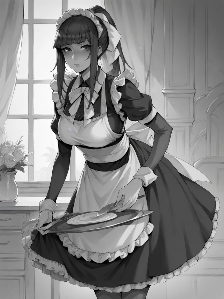 score_9, score_8_up, score_7_up, score_6_up, score_5_up, <lora:m31d0n0XLP:1> m31d0n0, monochrome, greyscale, 1girl, maid