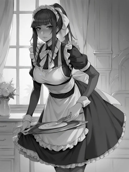 score_9, score_8_up, score_7_up, score_6_up, score_5_up, <lora:m31d0n0XLP:1> m31d0n0, monochrome, greyscale, 1girl, maid