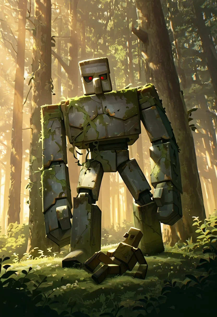 masterpiece, best quality, amazing quality, very aesthetic, absurdres, newest, cinematic, movie scene, foreground blur, detailed background,
ironglem, no humans, , black sclera, red pupils, standing, solo, robot, big nose, long nose, no mouth, plant, grey metal body, vines, mecha, moss, , thick gray monobrow, big arms,
in forest, sun rays, no eyes, no pupils, rusty robot, rust, laying on tree, back on tree, on ground, sitting legs, sitting on ground, black pupils, dead, bright forest, golden hour,