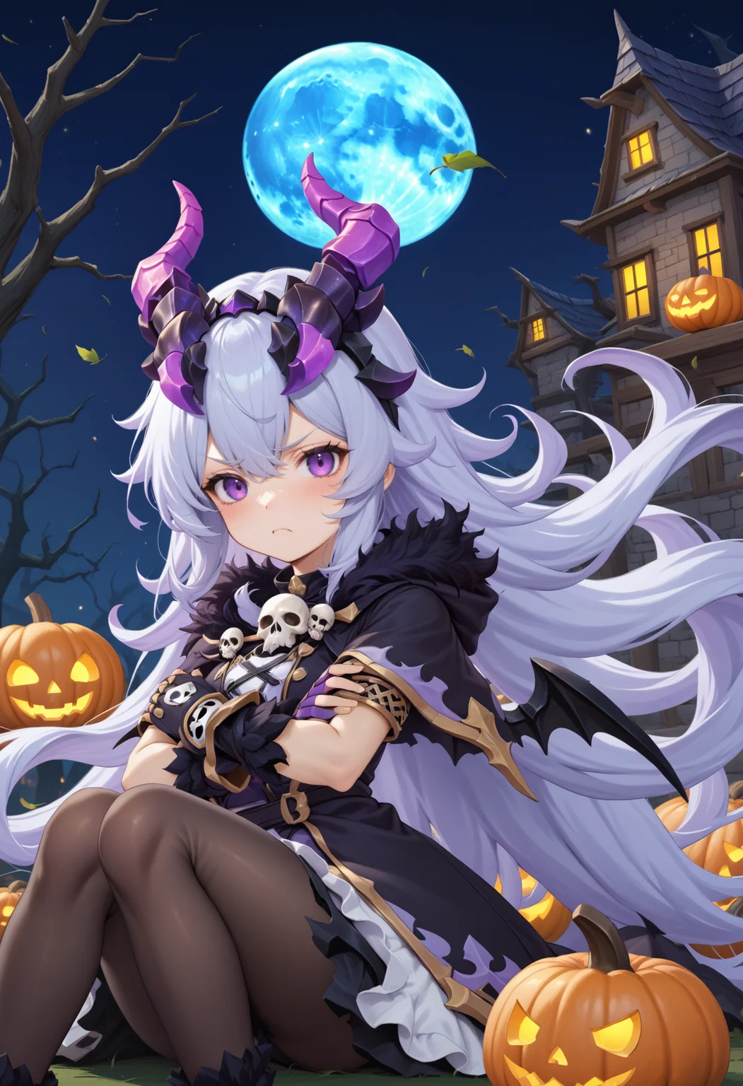 masterpiece, best quality, very aesthetic, absurdres, rom_hela_xl,
1girl, purple hair, horns, purple eyes, grumpy, skull, fingerless gloves,
sitting, crossed arms, haunted house, withered trees, bats, halloween bucket, pumpkin,
outdoors, moon, (wind, falling leaves, light particles:1.4), light rays, tyndall effect, vivid colors, tranquil and magical atmosphere,
shiny skin, beautiful face, beautiful eyes, extreme detailed, official art, professional illustration, hires,
<lora:rom_hela_xl:1>, <lora:aesthetic_anime_v1s:0.5>, <lora:add_details_xl:0.5>