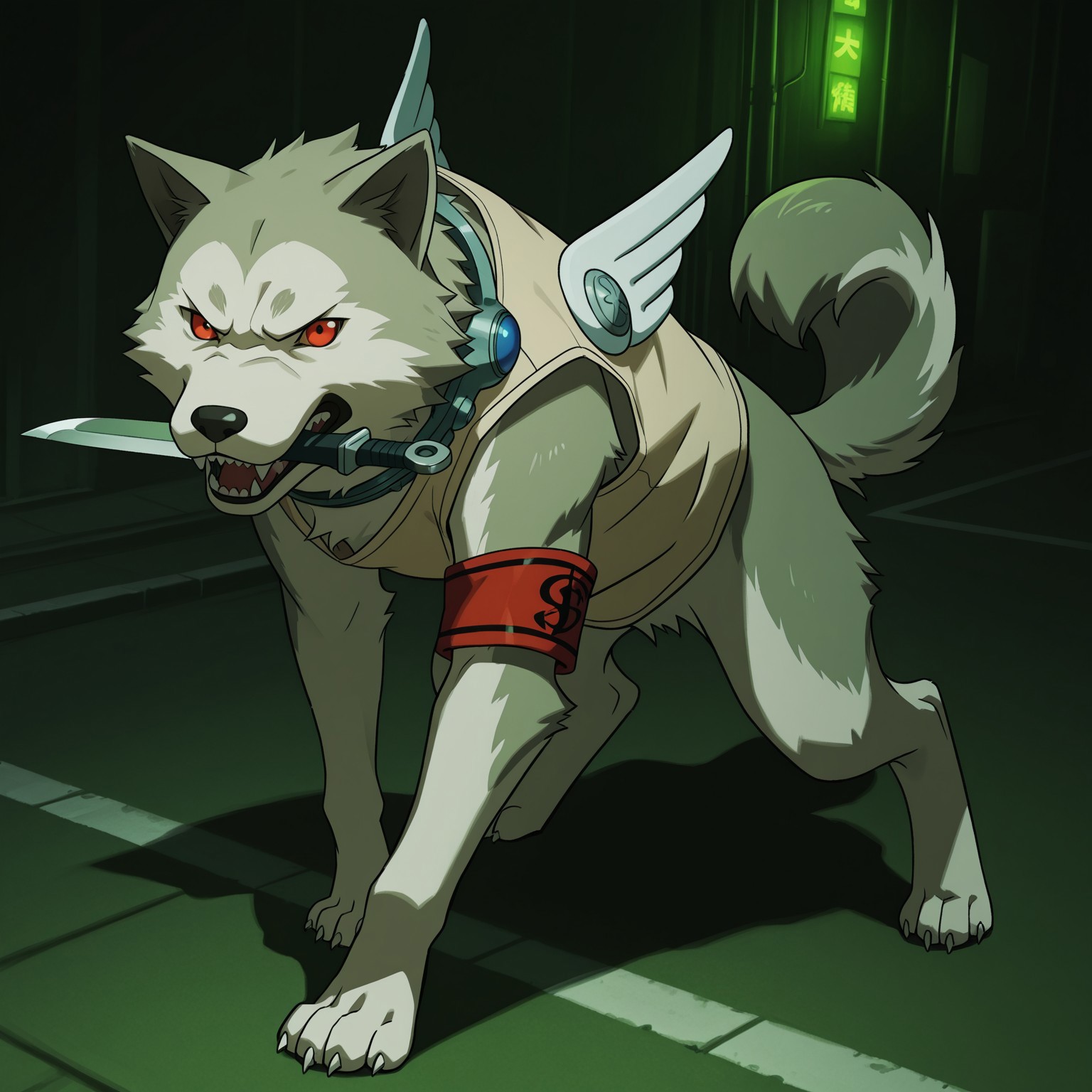 1boy, 2d, solo, P3Koro, male, canine, dog, feral, red eyes, white fur, black nose, gray fur, two tone fur, sharp teeth, tail, wings, beige shirt, sleeveless, red arm band, claws, collar

BREAK mouth-holding dagger, looking at viewer, angry expression, fighting stance

BREAK best quality, amazing quality, very aesthetic, absurdres, newest, masterpiece, high quality, outside, streets, ((green hue, dark environment, night))