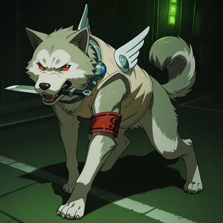 1boy, 2d, solo, P3Koro, male, canine, dog, feral, red eyes, white fur, black nose, gray fur, two tone fur, sharp teeth, tail, wings, beige shirt, sleeveless, red arm band, claws, collar
BREAK mouth-holding dagger, looking at viewer, angry expression, fighting stance
BREAK best quality, amazing quality, very aesthetic, absurdres, newest, masterpiece, high quality, outside, streets, ((green hue, dark environment, night))