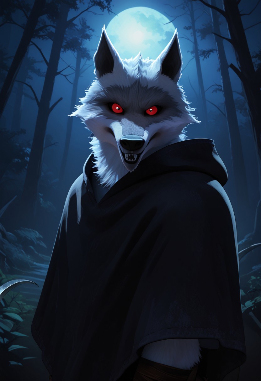 score_9_up, score_8_up, score_7_up, masterpiece, best quality, amazing quality, very aesthetic, absurdres, newest,  high quality, detailed, male, solo male, DeathWolf, 1boy, mature male, male, athletic build, anthro, wolf, white fur, animal ears, red eyes, black sclera, black cloak, looking at viewer, grinning, outdoors, dark (theme), night time, glowing eyes, eye shine, horror (theme), forest, up close, holding bloody sickle, side view