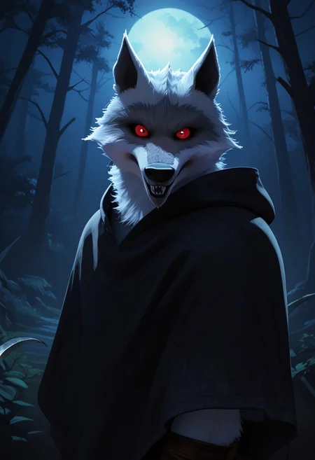 score_9_up, score_8_up, score_7_up, masterpiece, best quality, amazing quality, very aesthetic, absurdres, newest,  high quality, detailed, male, solo male, DeathWolf, 1boy, mature male, male, athletic build, anthro, wolf, white fur, animal ears, red eyes, black sclera, black cloak, looking at viewer, grinning, outdoors, dark (theme), night time, glowing eyes, eye shine, horror (theme), forest, up close, holding bloody sickle, side view