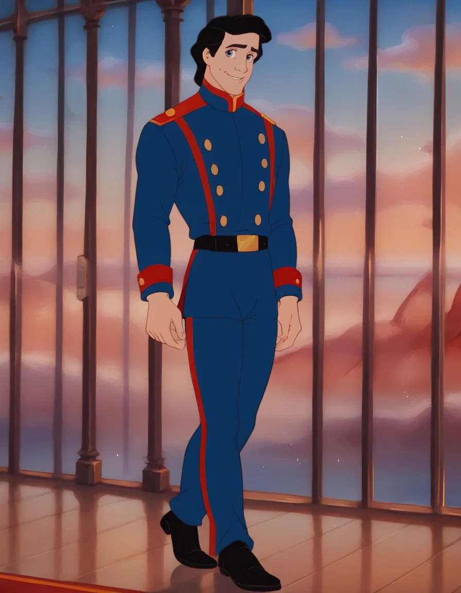 score_9, score_8_up, score_7_up,
rococo style interior, rococo ballroom, high windows,
Prince_Eric_LTM, 1boy, black hair, light-blue eyes, dark blue military uniform, red shoulder straps, black leather belt, golden buckle, black shoes, red and blue collar, massive gold buttons, red embroidery,
solo, standing, light smile, looking at viewer,
best quality, much detailed, high resolution, Expressiveh, zPDXL3, <lora:Prince_Eric_LTM:1>, <lora:Smooth Anime Style LoRA XL:0.8>, <lora:Expressive_H:0.6>, <lora:add-detail-xl:1>, <lora:zPDXL3:1>âââ