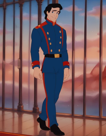 score_9, score_8_up, score_7_up,
rococo style interior, rococo ballroom, high windows,
Prince_Eric_LTM, 1boy, black hair, light-blue eyes, dark blue military uniform, red shoulder straps, black leather belt, golden buckle, black shoes, red and blue collar, massive gold buttons, red embroidery,
solo, standing, light smile, looking at viewer,
best quality, much detailed, high resolution, Expressiveh, zPDXL3, <lora:Prince_Eric_LTM:1>, <lora:Smooth Anime Style LoRA XL:0.8>, <lora:Expressive_H:0.6>, <lora:add-detail-xl:1>, <lora:zPDXL3:1>âââ