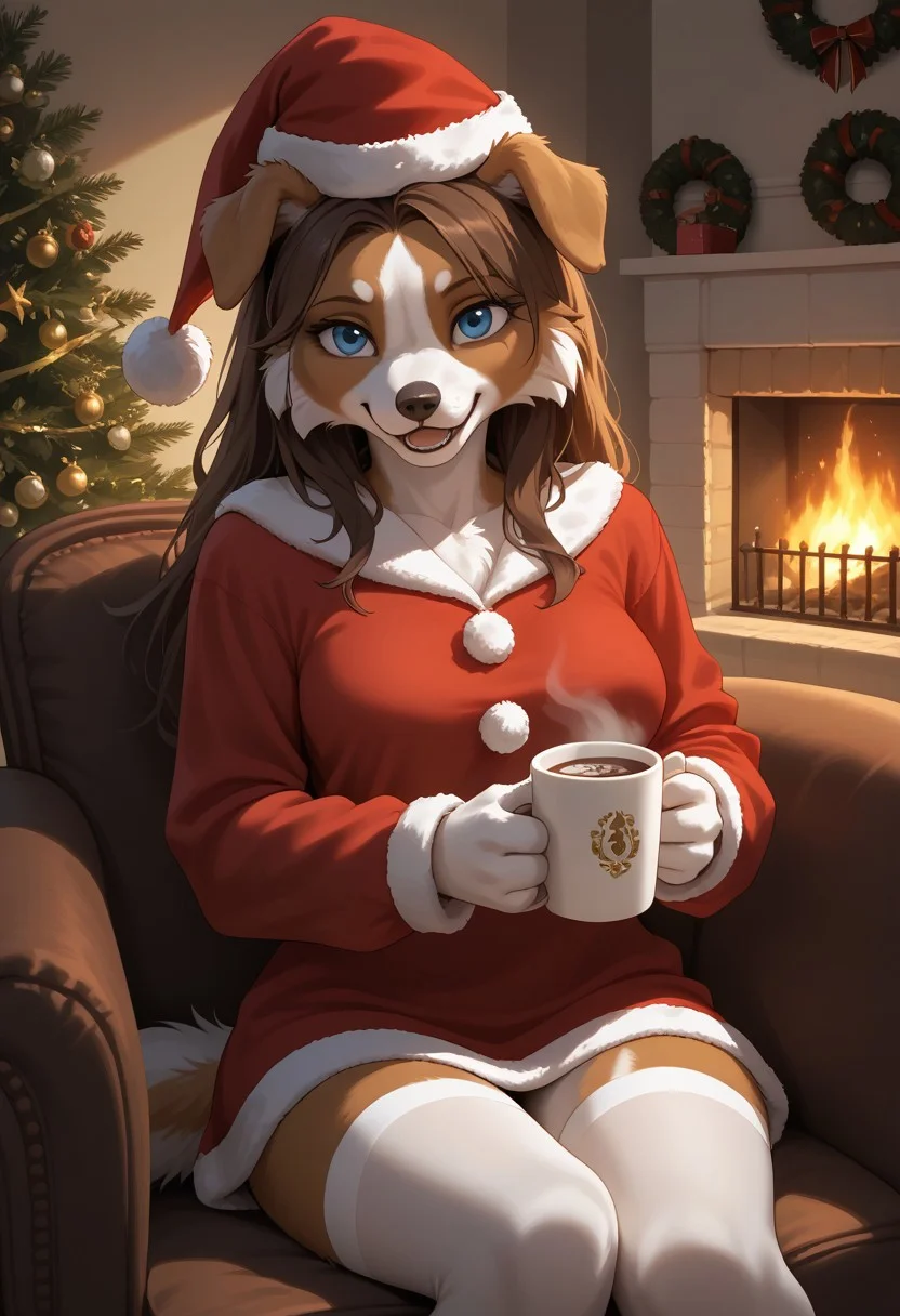 score_9, score_8_up, score_7_up, easynegative, realistic style, symphtia-style, detailed face, (furry), textured fur, anthro border collie girl, snout, long brown hair, blue eyes, light brown fur, floppy ears, medium breasts, white belly fur, Santa costume, big red shirt, stockings, Santa hat, indoors, fireplace, living room, dim lighting, sitting in an armchair, holding a cup of hot chocolate in one hand, solo focus, looking at viewer, laughing, happy, weird angle,