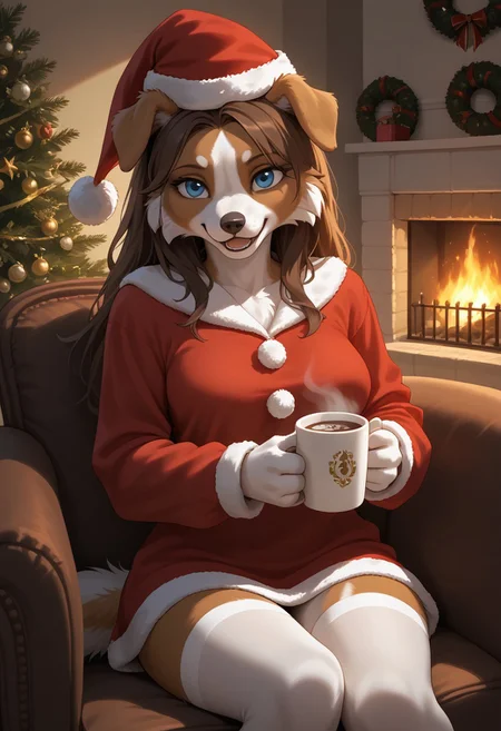 score_9, score_8_up, score_7_up, easynegative, realistic style, symphtia-style, detailed face, (furry), textured fur, anthro border collie girl, snout, long brown hair, blue eyes, light brown fur, floppy ears, medium breasts, white belly fur, Santa costume, big red shirt, stockings, Santa hat, indoors, fireplace, living room, dim lighting, sitting in an armchair, holding a cup of hot chocolate in one hand, solo focus, looking at viewer, laughing, happy, weird angle,