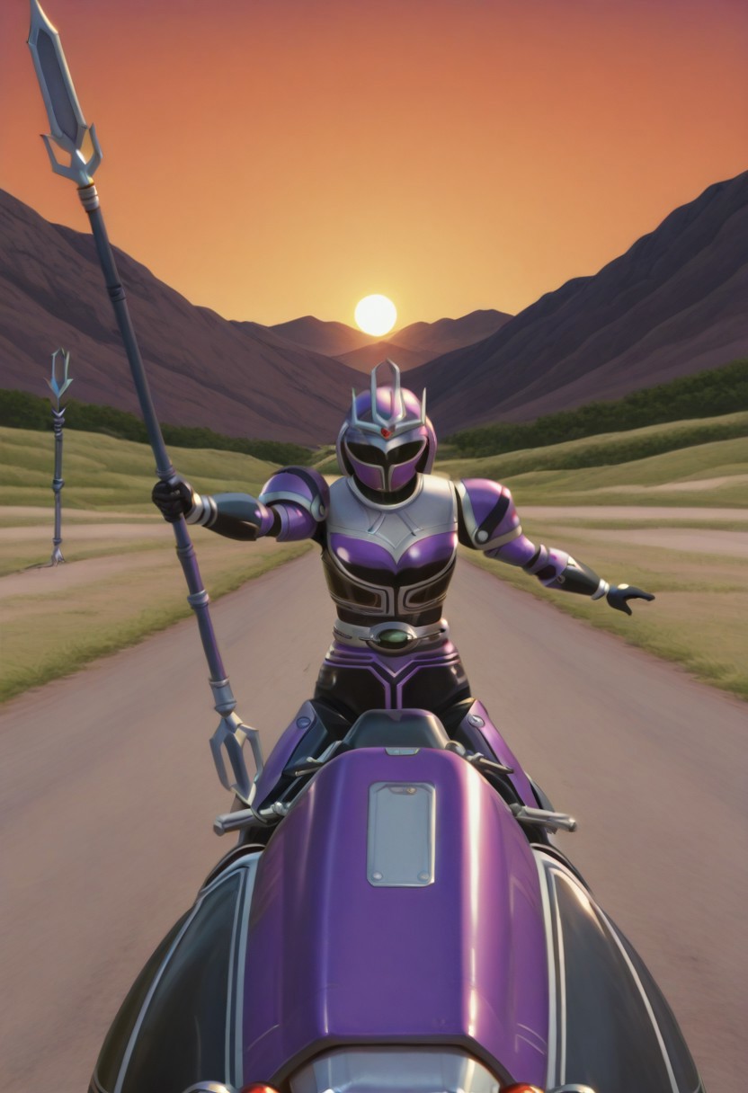 anime screencap, anime coloring,
solo, 1girl,  (covered neck), BREAK
Tent0u, cosplay, tokusatsu, solo, armor, bodysuit, shoulder pad, belt, riding motorbike, tent0 motorbike, (one_hand_riding:1.5), (spear_raised:2), (stretched_arm:1.5),(dynamic pose), outdoors, road, sunset, dramatic lighting
