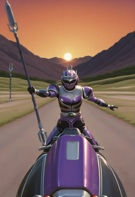 anime screencap, anime coloring,
solo, 1girl, (covered neck), BREAK
Tent0u, cosplay, tokusatsu, solo, armor, bodysuit, shoulder pad, belt, riding motorbike, tent0 motorbike, (one_hand_riding:1.5), (spear_raised:2), (stretched_arm:1.5),(dynamic pose), outdoors, road, sunset, dramatic lighting