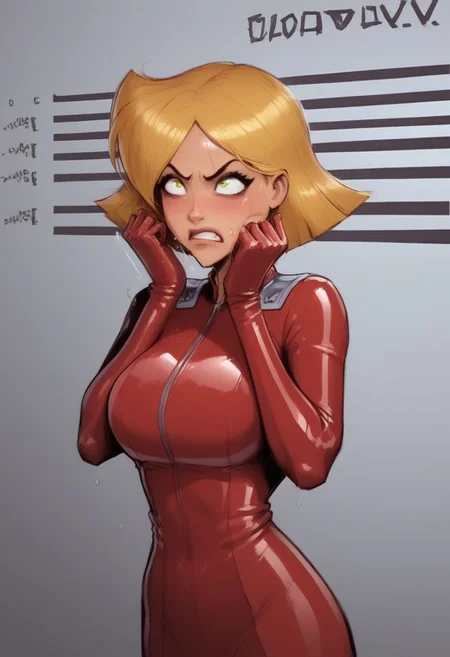 Style,,
(score_9, score_8_up, score_7_up, score_6_up:1.5), (source_cartoon),
Head:
Clover totally spies, (blue eyes, blond hair), (short hair) (gold hoop earings), (mascara), (slutty face), (perfect iris details:1.4), (detailed face) (expressiveh), (High detailed eyes iris:1.2), 8k, (perfect details:1.4), haughty, angry. 
Body,,
(Clover, female:1.2), (very dark ref yellow green body skin:1.2), (sweaty skin), (bimbo), (bimbo tanned), (red totally spies suit), (fake big breasts, round chest), (athletic body),  (shiny skin), (sweaty body skin:1.4), steamy air, Slutty clover,
Action,,
(Mugshot), (slaped), (slapping face).