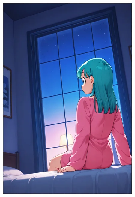 Score 9, Score 8, Score 7, Masterpiece, High Quality, Good Quality, Latest Model, High Resolution, Absurd, ((White Border)), Cinematic Lighting, High Contrast (Rim Light: 0.6), Dynamic Vision, <lora:illustriousXL_stabilizer_v1.23:0.3> <lora:NOOB_vp1_detailer_by_volnovik_v1:0.3> <lora:ponyv6_noobE11_2_adamW-000017:0.45> <lora:checkpoint-e18_s306:1.5> <lora:haiz_ai_illu:0.7>, Vibrant Colors, Bright Color, Dynamic Pose, Dynamic Angle, Dynamic Composition, Dynamic Colors, Colorful Image, High Contrast, Saturated Colors, Thick Line, Bright Colors, Good Lighting, Color Saturation,
masterpiece, best quality, source_hentai, medium shot,
bulma, dragon ball \(classic\), blue eyes, aqua hair,
In her room, window at night, blue bed,
pink pajamas, long pink nightgown, looking out the window, melancholic, sitting on the bed, medium shot, close-up face,