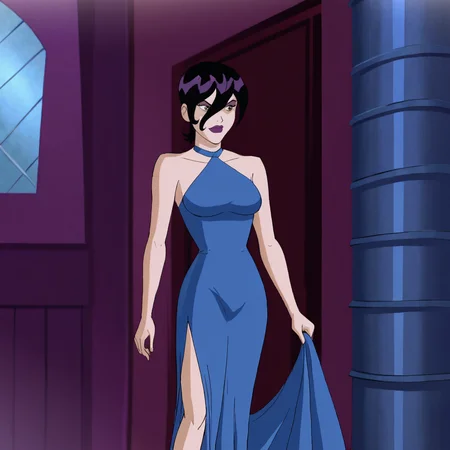 <lora:FoaraLooneyTunes_pony_v1:1>  FaoraLooneyTunes, 1girl, lipstick, makeup, short hair, black hair, medium breasts,  hair between eyes, purple lips, cowboy shot,  <lora:0932 Home wear 9_v1_pony:1> ruanyi0932,blue dress,halter dress,sleeveless,cowboy shot,taut dress,skin tight,long dress