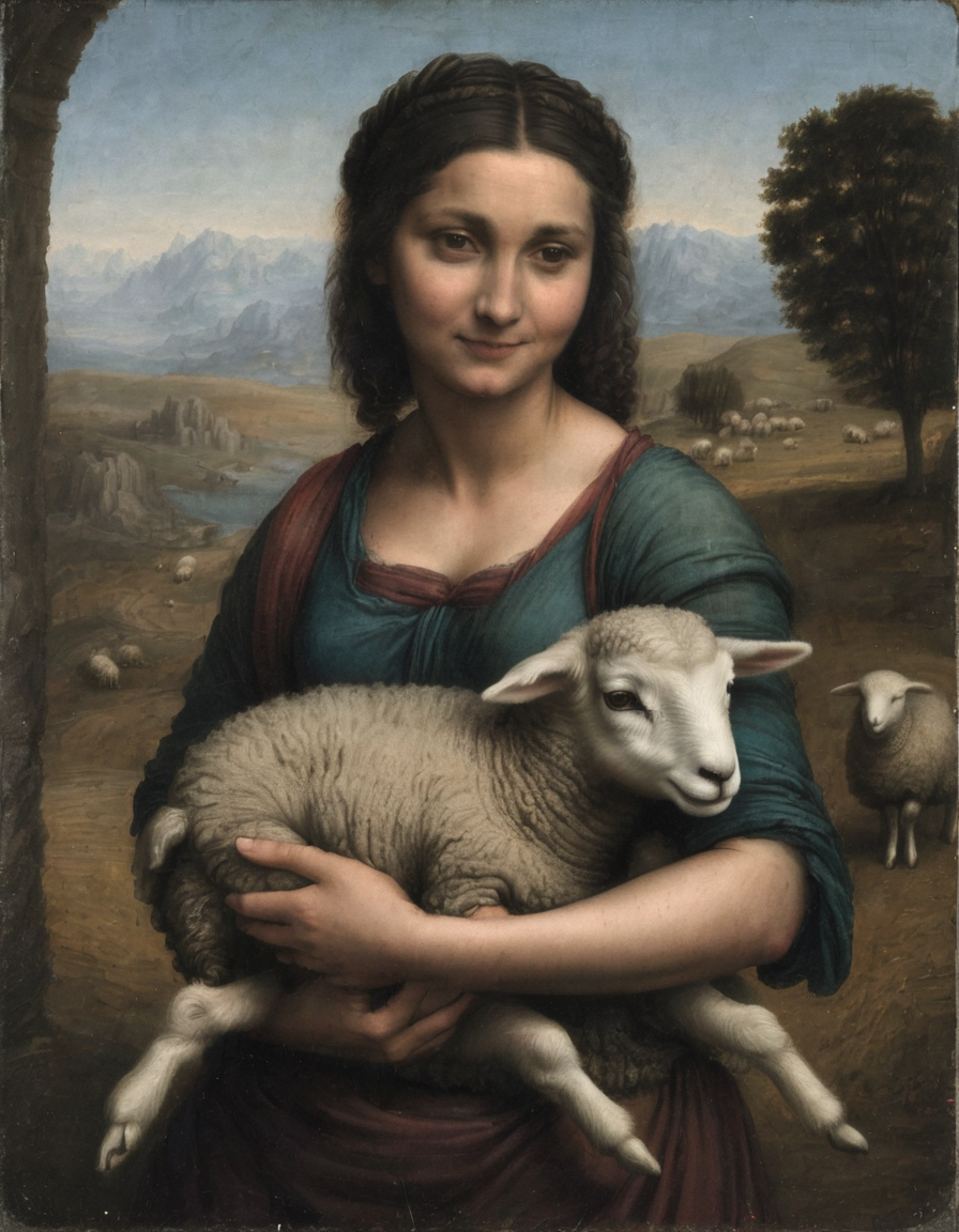 <lora:dvnc:0.7>dvnc woman holding baby sheep