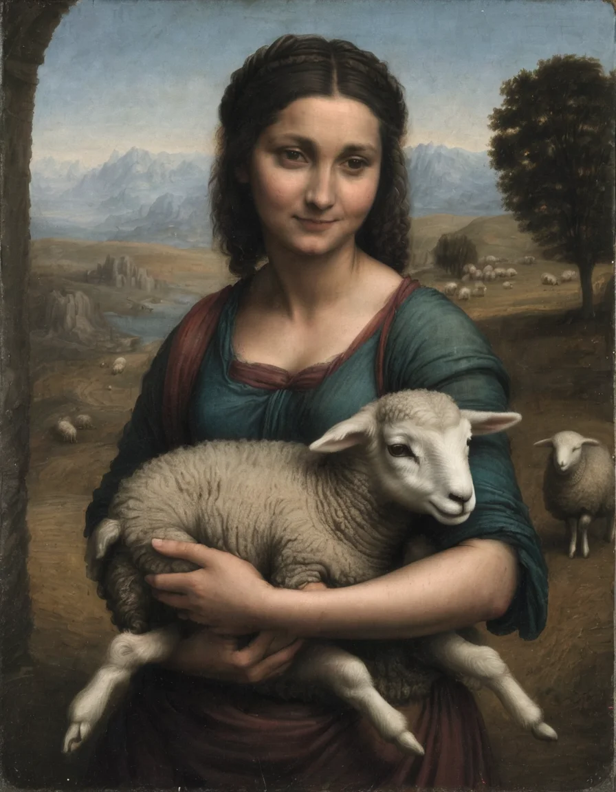 <lora:dvnc:0.7>dvnc woman holding baby sheep