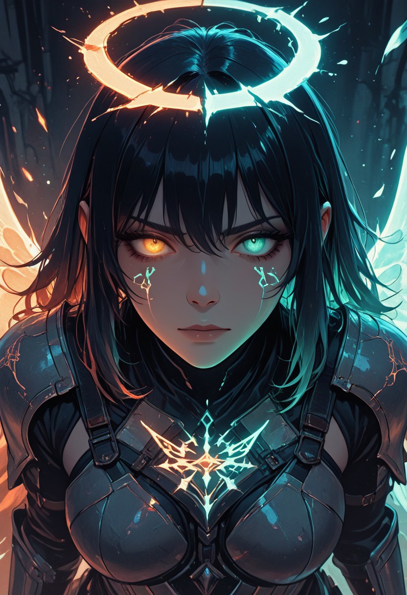 (masterpiece), (best quality), (8k), two girls, angel and demon, intense stare-down, not fighting but full of tension, glowing eyes, magical aura, emissive lighting effects, cinematic lighting, golden hour glow, divine vs infernal contrast, glowing halo above angel, broken or burning halo above demon, floating sparks, glowing tattoos or markings, glowing feathers vs shadowy wings, ambient light particles, symmetrical composition, high detail, soft shadows and light contrast, dramatic environment, detailed armor and flowing cloth, mystical energy in air,