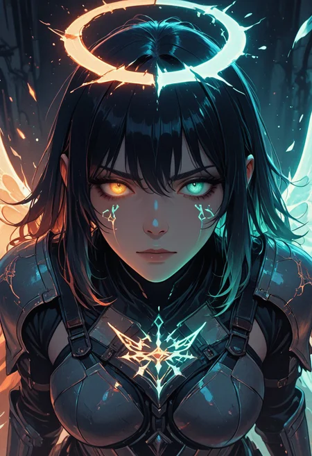 (masterpiece), (best quality), (8k), two girls, angel and demon, intense stare-down, not fighting but full of tension, glowing eyes, magical aura, emissive lighting effects, cinematic lighting, golden hour glow, divine vs infernal contrast, glowing halo above angel, broken or burning halo above demon, floating sparks, glowing tattoos or markings, glowing feathers vs shadowy wings, ambient light particles, symmetrical composition, high detail, soft shadows and light contrast, dramatic environment, detailed armor and flowing cloth, mystical energy in air,