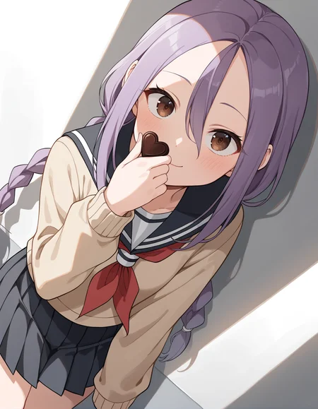 score_9, score_8_up, score_7_up, source_anime, rating_safe, BREAK <lora:urushiYaotome_XL-Pony_LoRA-C3Lier_8-8-8-8_AdamW_Un3e-4_Te1.5e-4_10batch:1>, yaotome urushi, 1girl, purple hair, long hair, hair between eyes, parted bangs, twin braids, low twintails, brown eyes, beige sweater, school uniform, serafuku, white shirt, black sailor collar, red neckerchief, long sleeves, pleated skirt, black skirt, light smile, blush, closed mouth, hand over own mouth, looking to the side, holding chocolate, heart-shaped chocolate, dutch angle, against wall, shade, shadow, sunlight,