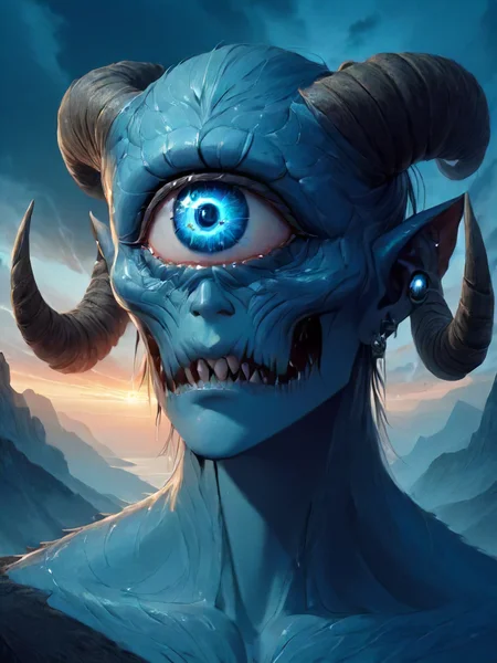 cyclops, one eye, 1girl, blue eyes, outdoors, horns, sky, teeth, cloud, scenery, sunset, monster, mountain, fantasy, giant, one-eyed, extra eyes<lora:cyclopes:1>