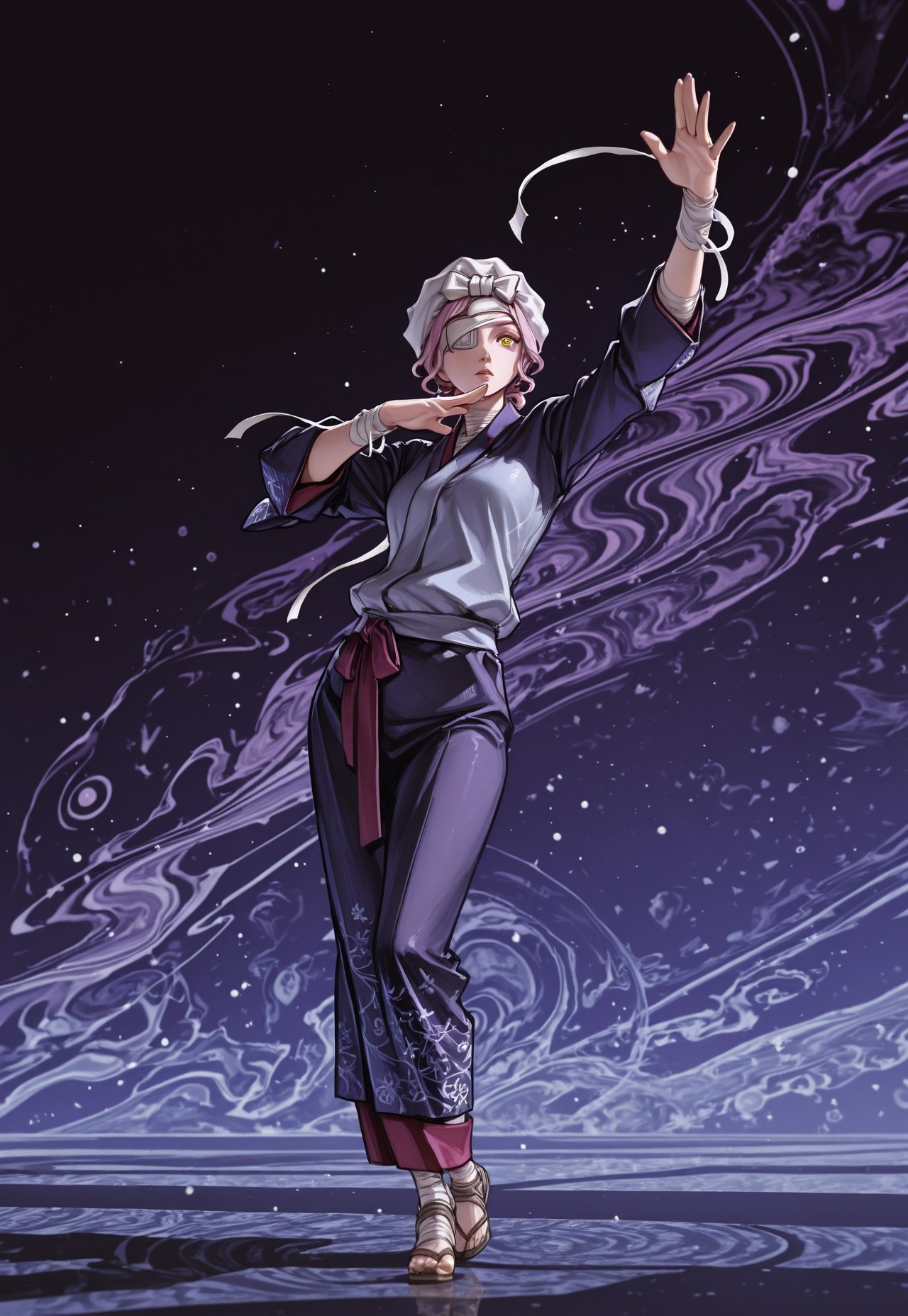 (masterpiece, best quality, ultra-detailed, Art8st, Anime-art, noise effect),
1girl, solo, m4rthym, pink hair, short hair, wavy hair, single hair bun, yellow eyes, white headwear, eyepatch, bandages, japanese clothes, sash, full body in view, standing, jojo pose, dynamic pose, fashion pose, dynamic angle, abstract background, detailed background, shadows, detailed eyes, gaze, 