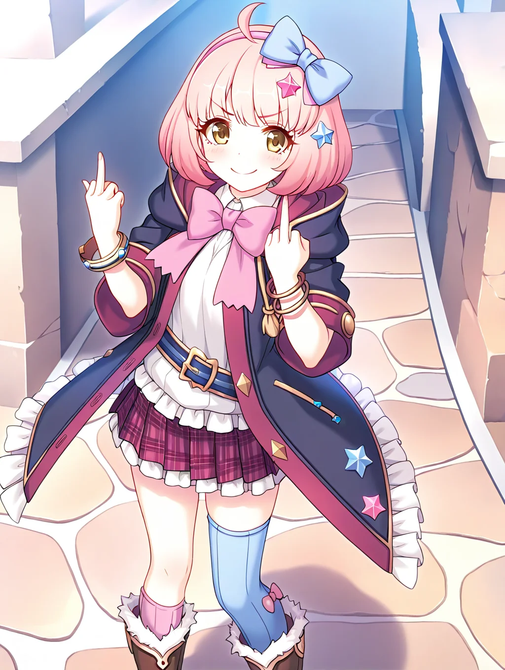 (masterpiece,best quality,ultra_detailed,highres,absurdres:1.2,amazing quality,very aesthetic),<lora:chieru _ilxl_v1-000012:0.8>,chieru \(princess_connect!\),1girl,star in eye,bow hairband,star \(symbol\),st. theresa's girls academy school uniform,symbol in eye,pink hair,solo,star hair ornament,hairband,bow,asymmetrical legwear,thighhighs,school uniform,skirt,smile,hair ornament,ahoge,short hair,pink hairband,jewelry,bracelet,plaid skirt,coat,blue thighhighs,blue bow,yellow eyes,plaid,looking at viewer,hooded coat,uneven legwear,boots,black coat,brown footwear,mismatched legwear,red skirt,single sock,hair bow,pink bow,belt,socks,bowtie,closed mouth,ribbed legwear,pleated skirt,standing,shirt,hood,fur-trimmed boots,(middle finger),teeth,pink socks,