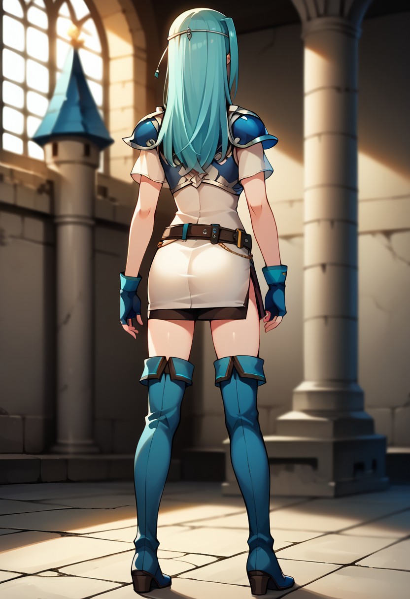 1girl, solo, alone, score_9, score_8_up, score_7_up, masterpiece, high quality, source_anime, very detailed, depth of field, cinematic illumination, volumetric lighting, full color picture, vibrant colors, solo, alone, 1girl, FioFE, aqua hair, long hair, blue eyes, CFit, white headband, breastplate, shoulder armor, aqua fingerless gloves, white dress, short dress, short sleeves, side slit, belt, black single detatched sleeve, zettai ryouiki, aqua thighhighs, aqua thigh boots, blue footwear, 
old castle, ruined castle,
standing, from back, from behind, full body, hair flat,