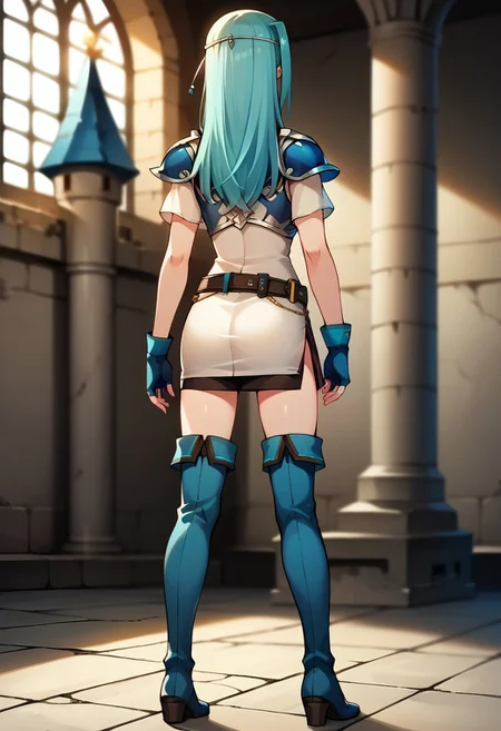1girl, solo, alone, score_9, score_8_up, score_7_up, masterpiece, high quality, source_anime, very detailed, depth of field, cinematic illumination, volumetric lighting, full color picture, vibrant colors, solo, alone, 1girl, FioFE, aqua hair, long hair, blue eyes, CFit, white headband, breastplate, shoulder armor, aqua fingerless gloves, white dress, short dress, short sleeves, side slit, belt, black single detatched sleeve, zettai ryouiki, aqua thighhighs, aqua thigh boots, blue footwear,
old castle, ruined castle,
standing, from back, from behind, full body, hair flat,
