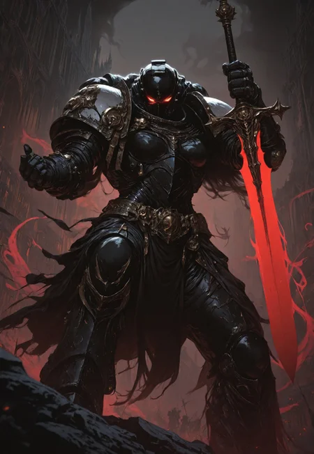 masterpiece, best quality, high quality,
newest, highres, 8K,HDR,
absurdres,
dynamic angle,
realistic,
1girl,
BlackT40k,
power armor,
long hair,
weapon,
glowing eyes,
dark fantasy,
holding sword,
floating,
ethereal aura,
white and black color scheme,
armored gauntlets,
golden ornaments,
looking at viewer,
battle stance,
supernatural energy,
shadowy background,
gothic architecture,
dynamic pose,
dramatic lighting,
detailed background,
depth of field,
foreshortening,
detailed background,
dynamic pose,
dynamic composition,
dutch angle,
foreshortening,
blurry edges,
<lora:ILLIronW40k:1>