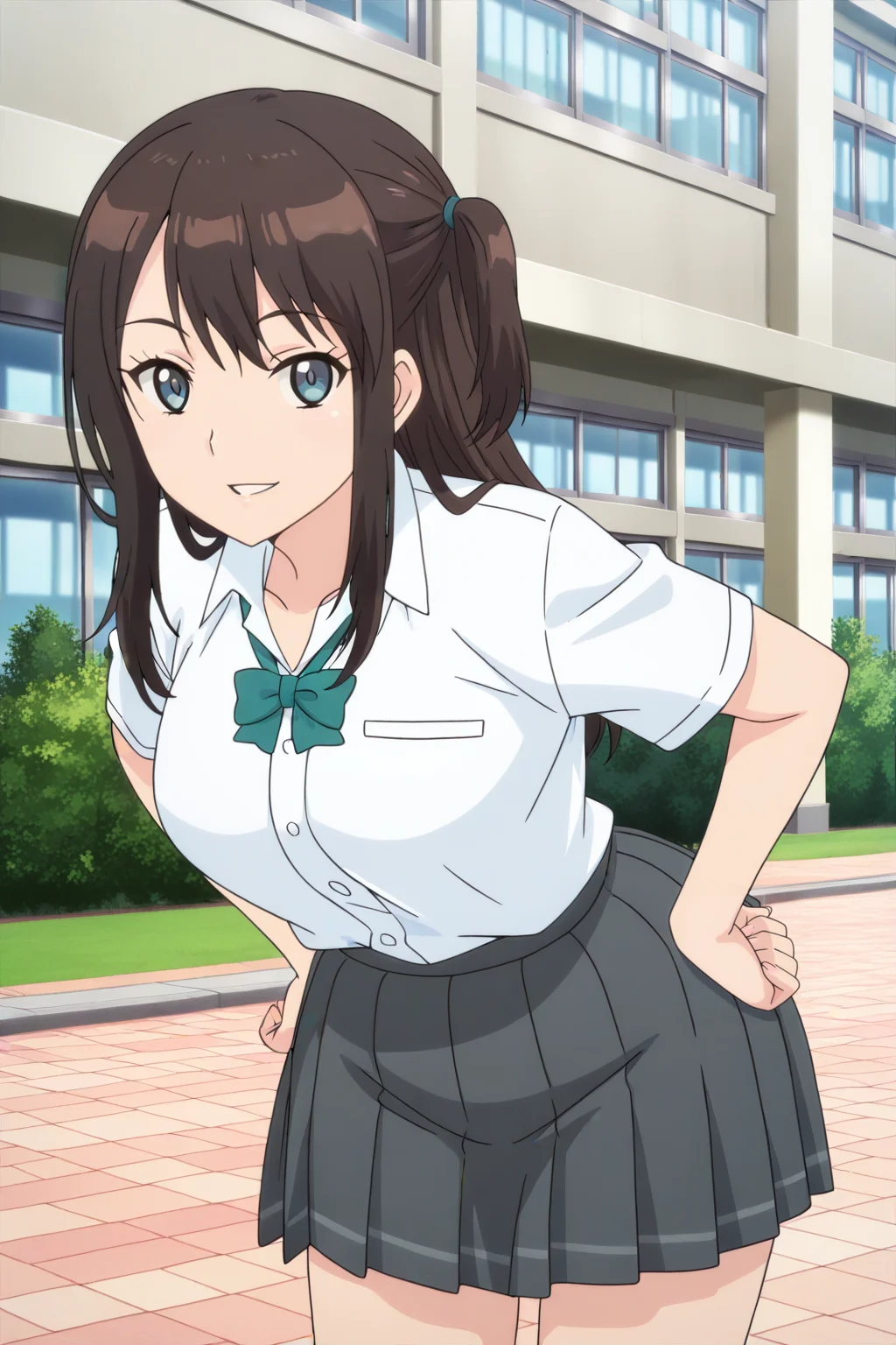 anime screenshot, tsuneki hikari, 1girl, solo, brown hair, long hair, one side up, blue eyes, medium breasts, school uniform, white shirt, collared shirt, short sleeves, green bowtie, grey skirt, pleated skirt, looking at viewer, smile, parted lips, hands on own hips, leaning forward, cowboy shot, outdoors, school, masterpiece, best quality, high quality, highres, absurdres, <lora: tsuneki_hikari_ILXL:0.9>
