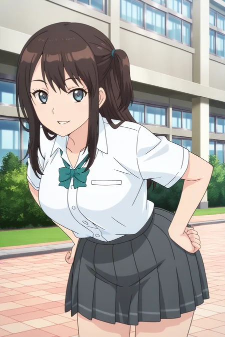 anime screenshot, tsuneki hikari, 1girl, solo, brown hair, long hair, one side up, blue eyes, medium breasts, school uniform, white shirt, collared shirt, short sleeves, green bowtie, grey skirt, pleated skirt, looking at viewer, smile, parted lips, hands on own hips, leaning forward, cowboy shot, outdoors, school, masterpiece, best quality, high quality, highres, absurdres, <lora: tsuneki_hikari_ILXL:0.9>