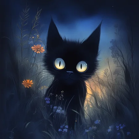 Studio Ghibli Dark Fairytale, The image is a digital illustration of a black cat sitting in a field of tall grass and wildflowers. The cat is facing towards the right side of the image with its head turned slightly to the left. It has large round yellow eyes that are glowing blue. The background is dark and cloudy with a hint of blue and orange. The overall mood of the illustration is mysterious and eerie. The image has a dreamy ethereal quality to it., cat, no humans, flower, grass, nature, black cat, outdoors, solo, tree, looking at viewer