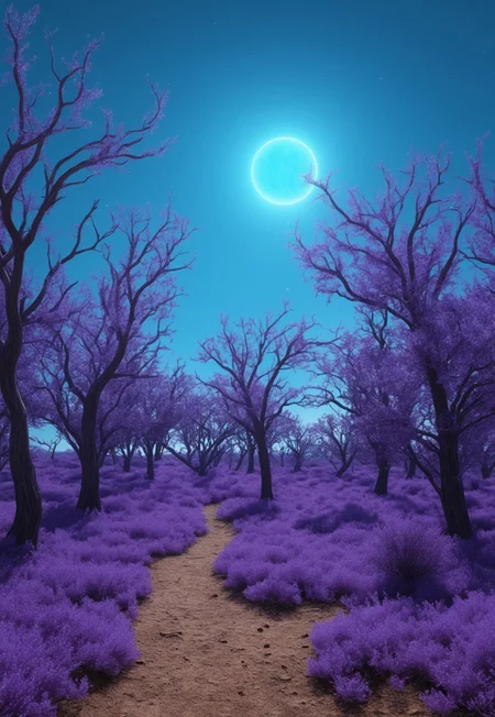 an alien landscape lit by a blue sun, there are scattered purple treelike organisms that tower far into the sky,
under the trees roam alien creatures, all the creatures seem to have 6 legs, 
there is low lying blue scrub brush, some of the creatures are chewing on it
 (8k uhd:1,4)
 <lora:add-detail-xl:1>
 <lora:Dynamic Poses:1>