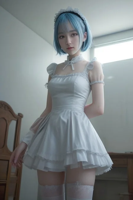 Score_9,Score_8_up,Score_7_up, highly detailed, best quality, cinematic lighting, photo realistic, realistic, real cute supermodel, hyperrealistic,fancy mansion, ultra detailed, highly detailed, detailed skin, japanese face, cosplay pose:1.1,1girl, rem, rem_re_zero, , smirk, tilted to the side, leaning to the side, white thigh high socks, cute maid sparkle dress, (cute, petite),
Re:zero Rem, solo focus, light blue hair, cute maid outfit,  view from below, thunder punch, [[volumetric fog:0.2]], god rays,