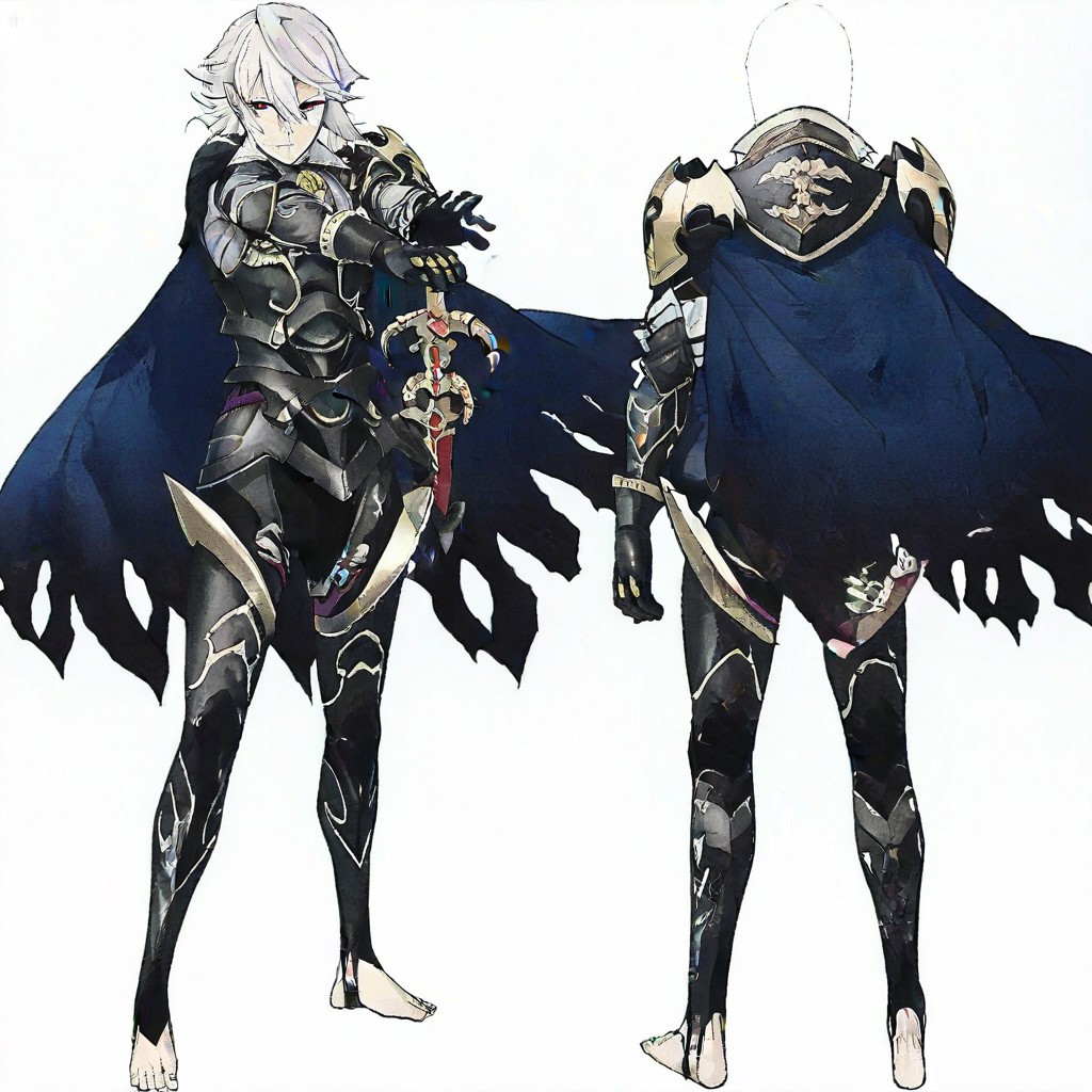 masterpiece, best quality, official style, anime screencap, anime coloring, BREAK malecorrin, white hair, hair between eyes, pointy ears, red eyes, blue cape, armor, metal gloves, toeless legwear, barefoot, stirrup legwear, full body view, standing, sword on hand, sword stance, feet