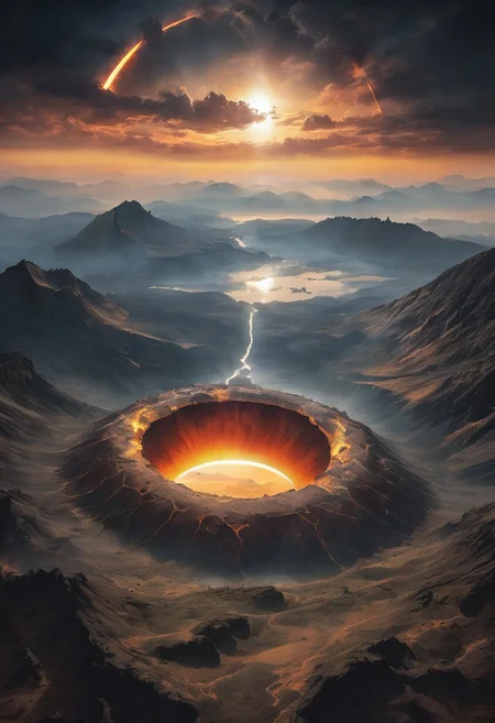 A haven for Earth, detailed landscape, captivating, fantastic, great lighting, Nature, grasslands, mountain, Annular Solar Eclipse, Caldera eruption,( from above),  double exposure, beautiful view, mysterious glow, beautiful clouds, depth of field, masterpiece, best quality, 8k, ultra-detailed, very aesthetic, illustration, superb composition, finest details, , intricate details, absurdres, high contrast, RAW, concept art,