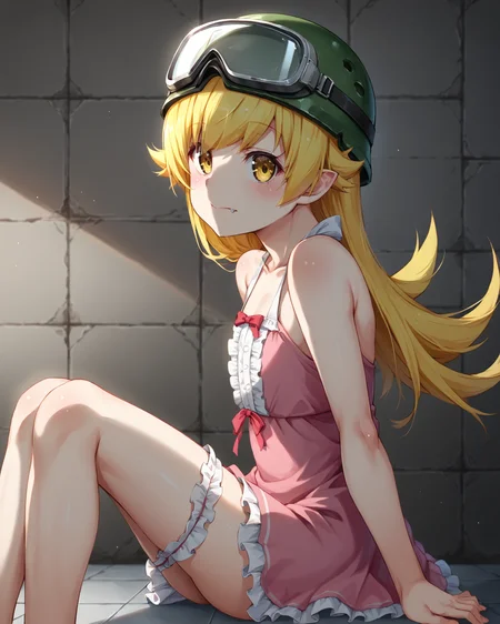 score_9,score_8_up,score_7_up,score_6_up,score_5_up,score_4_up,anime BREAK 1girl,
<lora:shinobu:0.9>,oshino shinobu,long hair,blonde hair,yellow eyes,pointy ears,fang,wide hips,shiny oiled skin,
BREAK (Short girl,dwarf girl,) flat chest,
BREAK nsfw,adult,uncensored,<lora:Expressive_H:0.3>,Expressiveh,
BREAK <lora:TanabeKP:0.7>,TanabeKP,
BREAK bare shoulders, blush, brick wall, closed mouth, collarbone, dress, frills, from side, goggles, goggles on head, goggles on headwear,(black helmet,) looking at viewer,sitting, sleeveless, solo, tile floor, tiles, 
light on face, depth of field,blurry background,Detailed Background,
BREAK  ((white background,simple background)),
BREAK source_anime,zPDXL,zPDXLxxx,<lora:flat_sdxl:-0.5> <lora:xl_more_art-full_v1:0.5> <lora:add-detail-xl:0.5> <lora:sdxl_lightning_8step:1>