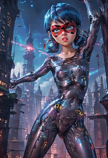 score_9, score_8_up, score_7_up, 1girl, solo, imtdldybg, (adult body:1.2), perfect eyes, slim body, small round breasts, tiny butt, narrow waist, narrow hips, polka dot, mask, domino mask, blue hair, blue eyes, low twintails, short twintails, hair ribbon, makeup, eyeliner, lipstick, cyborg, fighting pose, futuristic-city street in the background