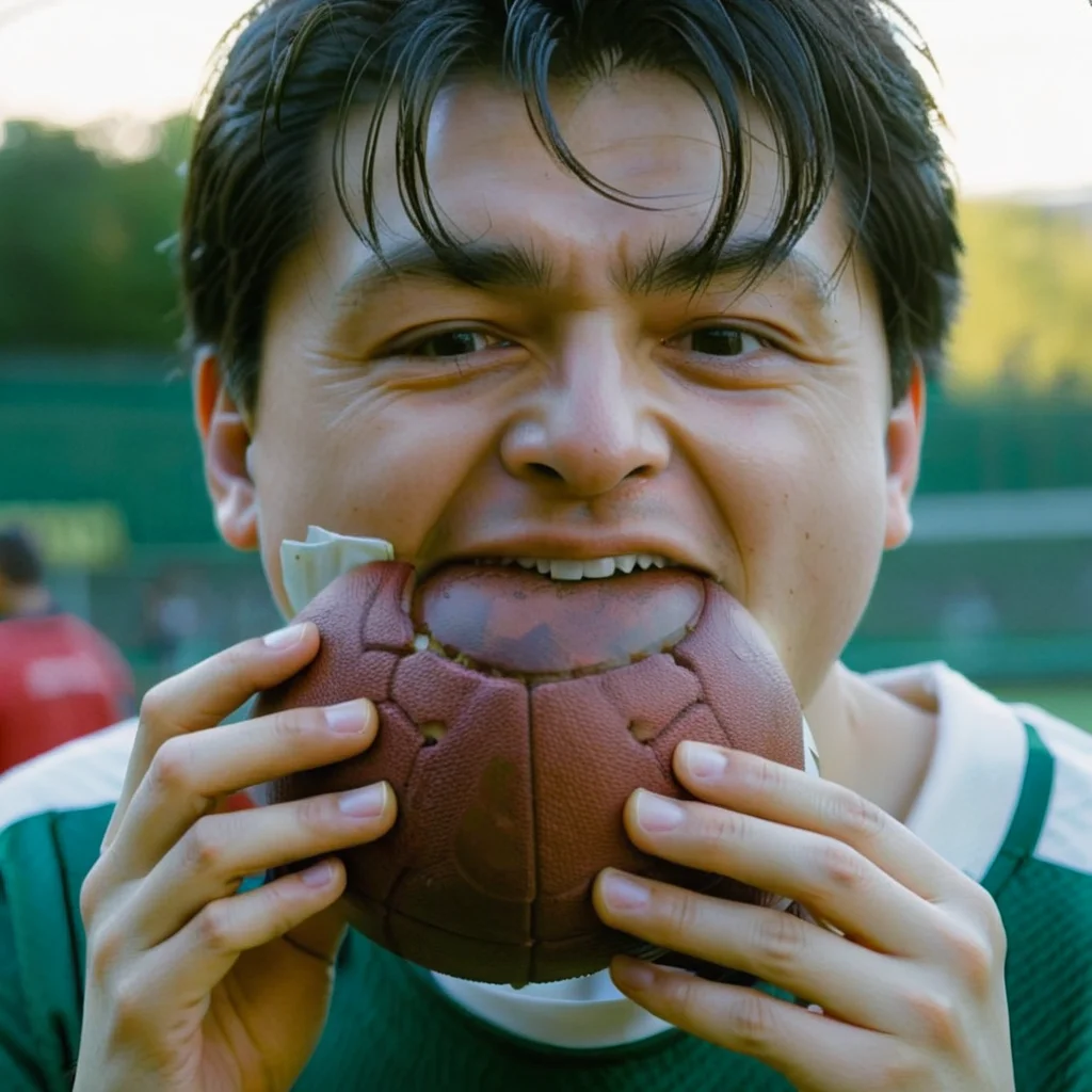 a man eating a football, <lora:eatpan:0.8>