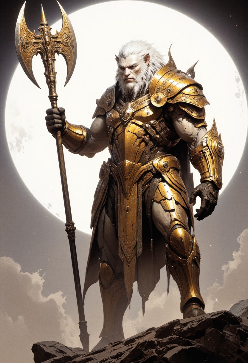 [magic the gathering illustration aesthetics], [a white lione with gold armor and ] by Igor Kieryluk], , [exaggerated features], ho;ding double axe [[gold] and [white]], [reimagined by industrial light and magic], [2d game art], [in the style of muted colorscape mastery] , [goblincore], [d&d],[inspired chara designed character],[sharp attention to detail], [dynamic staging], [realistic color schemes], [strong use of contrast]. 
,white sphere on background,