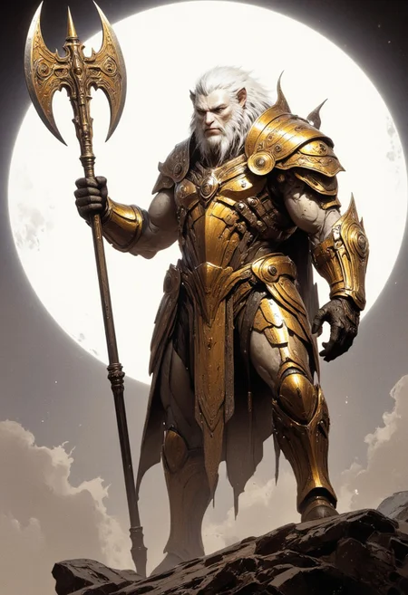 [magic the gathering illustration aesthetics], [a white lione with gold armor and ] by Igor Kieryluk], , [exaggerated features], ho;ding double axe [[gold] and [white]], [reimagined by industrial light and magic], [2d game art], [in the style of muted colorscape mastery] , [goblincore], [d&d],[inspired chara designed character],[sharp attention to detail], [dynamic staging], [realistic color schemes], [strong use of contrast]. 
,white sphere on background,